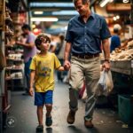 A dad walks into a market with son