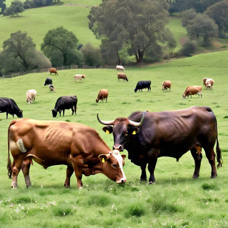 A Herd Of Cows And Two Bulls Are Eating Grass