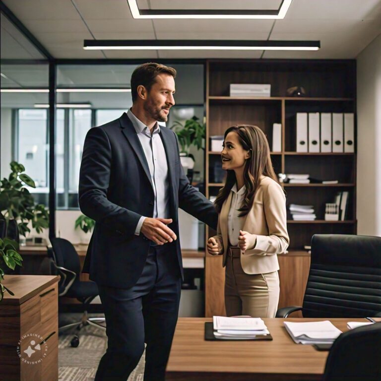 A man walks up to a woman in his office